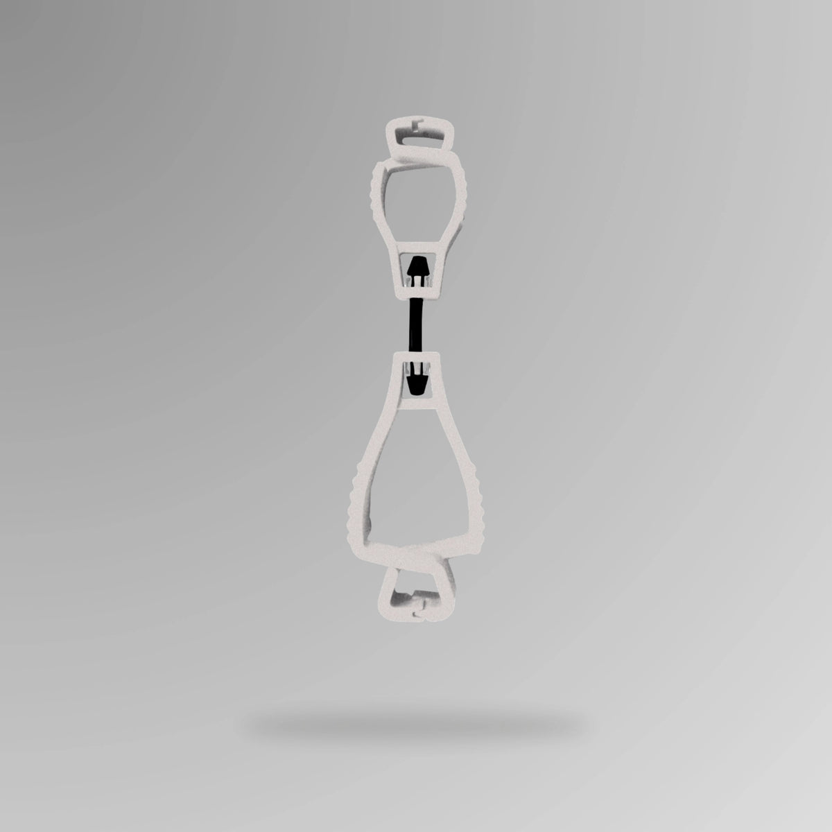 PPE 157 Interlocking Glove Clip in white shown upright in durable POM plastic with breakaway cord and Brute Safety Products branding