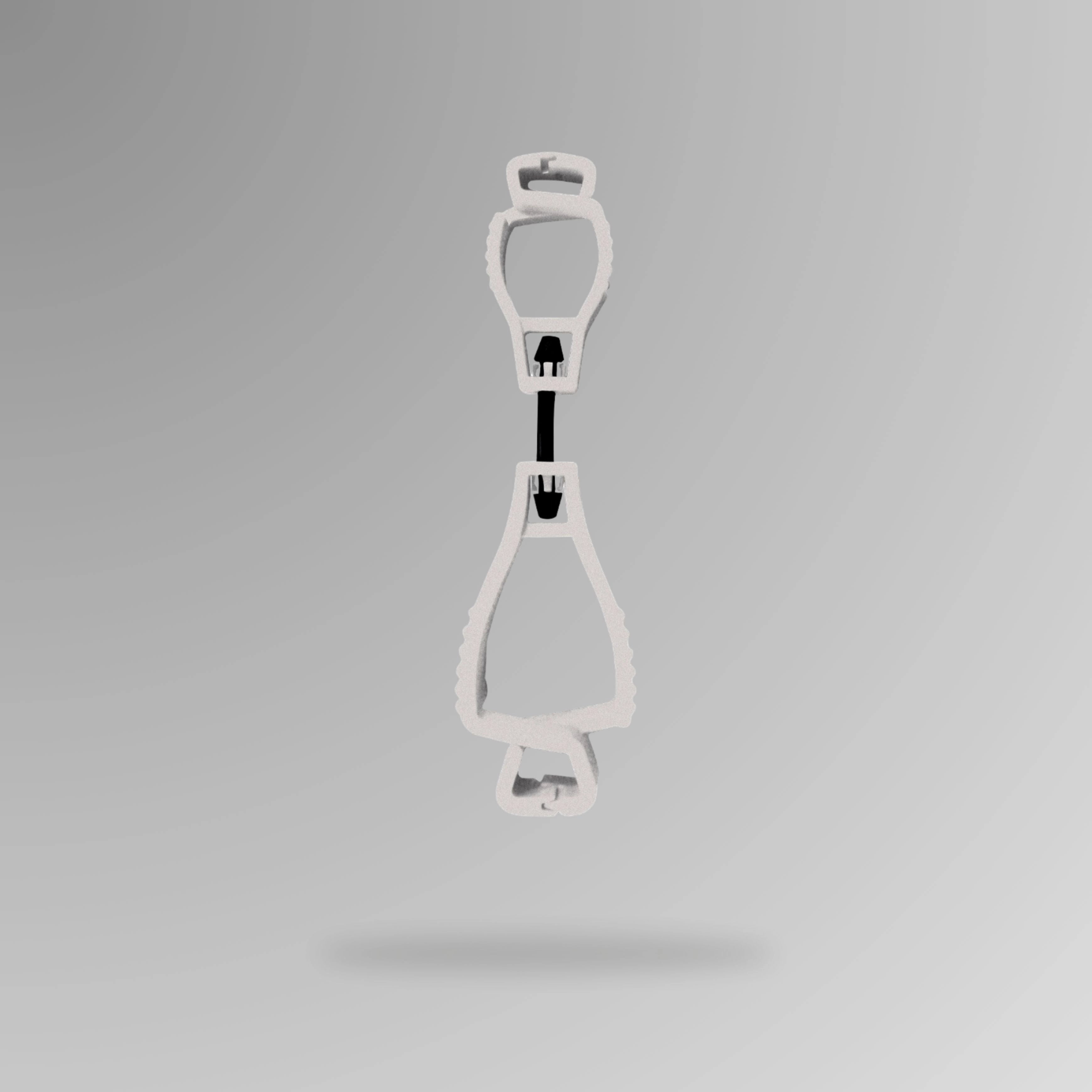 PPE 157 Interlocking Glove Clip in white shown upright in durable POM plastic with breakaway cord and Brute Safety Products branding