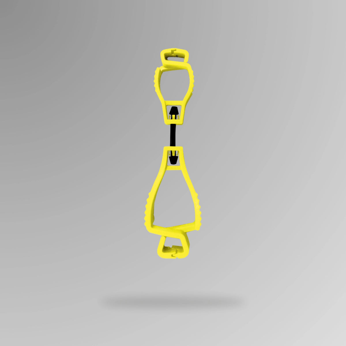 PPE 157 Interlocking Glove Clip in yellow shown upright in durable POM plastic with breakaway cord and Brute Safety Products branding