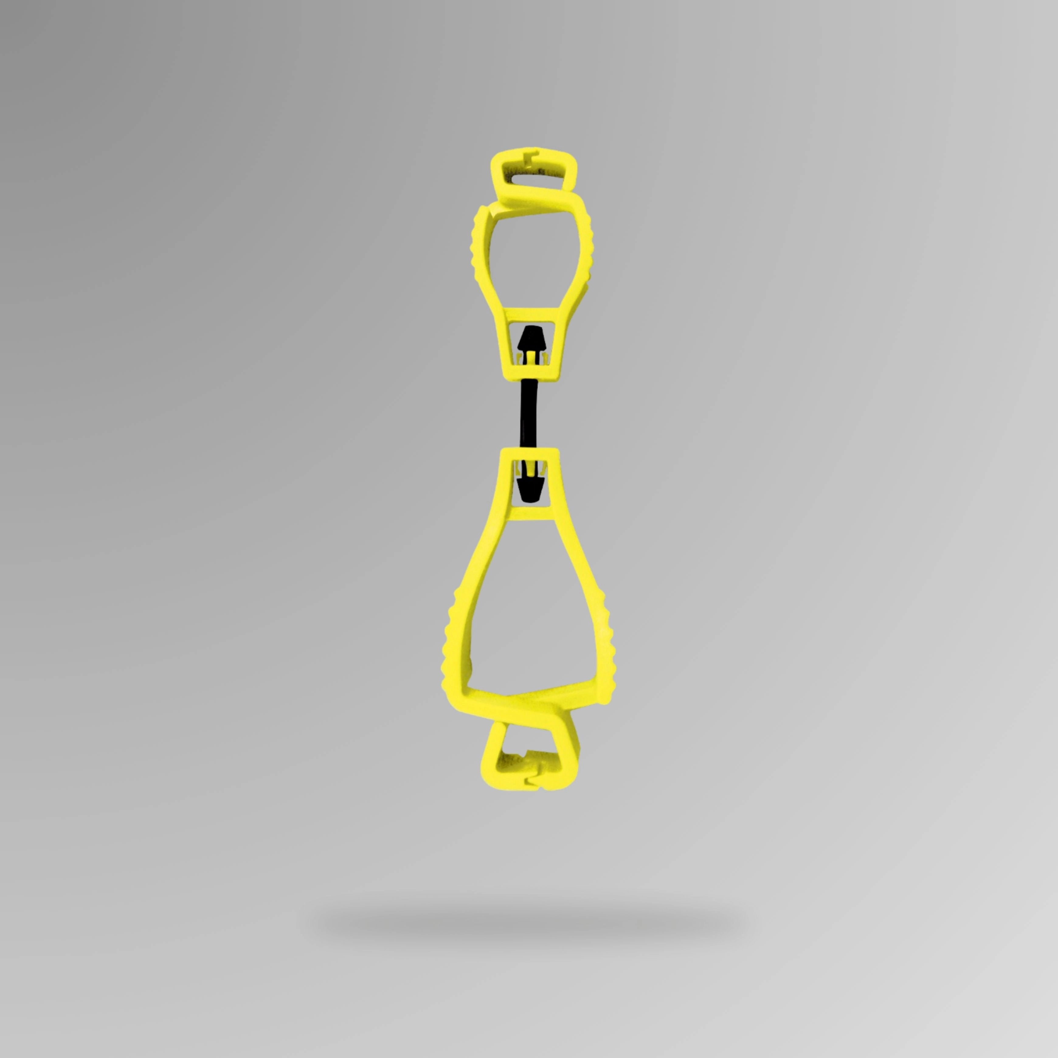 PPE 157 Interlocking Glove Clip in yellow shown upright in durable POM plastic with breakaway cord and Brute Safety Products branding