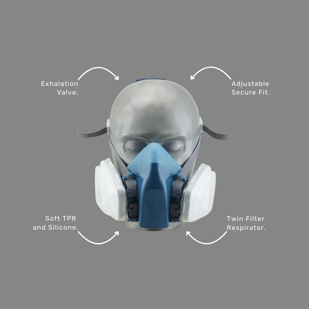 RHM Twin Filter Half Mask benefits callout highlighting click and turn filters, exhalation valve and AS/NZS 1716 certification