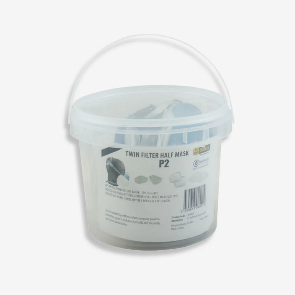 RHM Twin Filter Half Mask shown from side displaying TPR and silicone construction, exhalation valve and adjustable straps