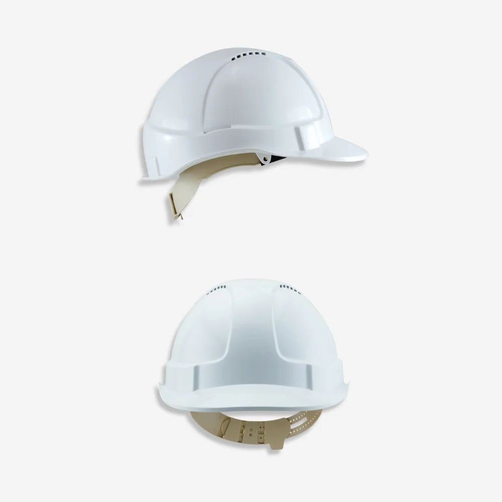 Vented hard hat with pin lock shown from side view displaying 6 point preassembled harness and ventilation design
