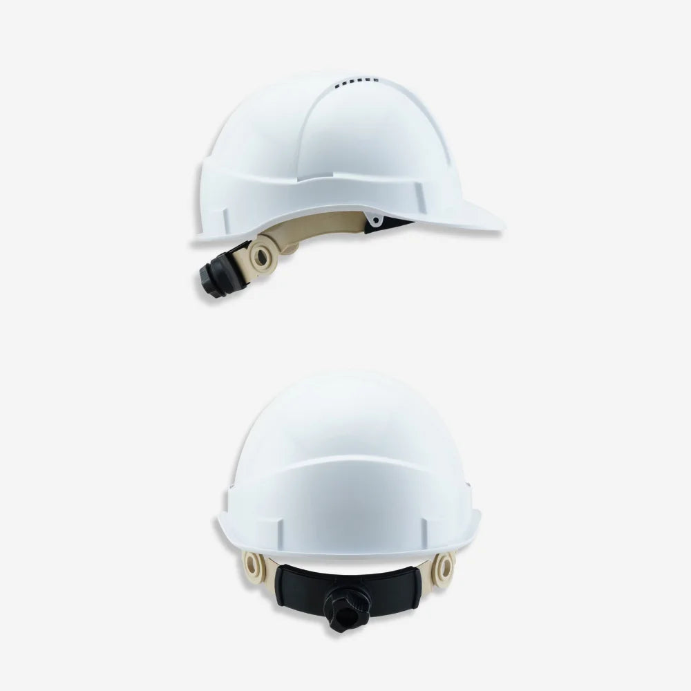 Vented hard hat with ratchet lock shown from side view displaying 6 point harness and ventilation design