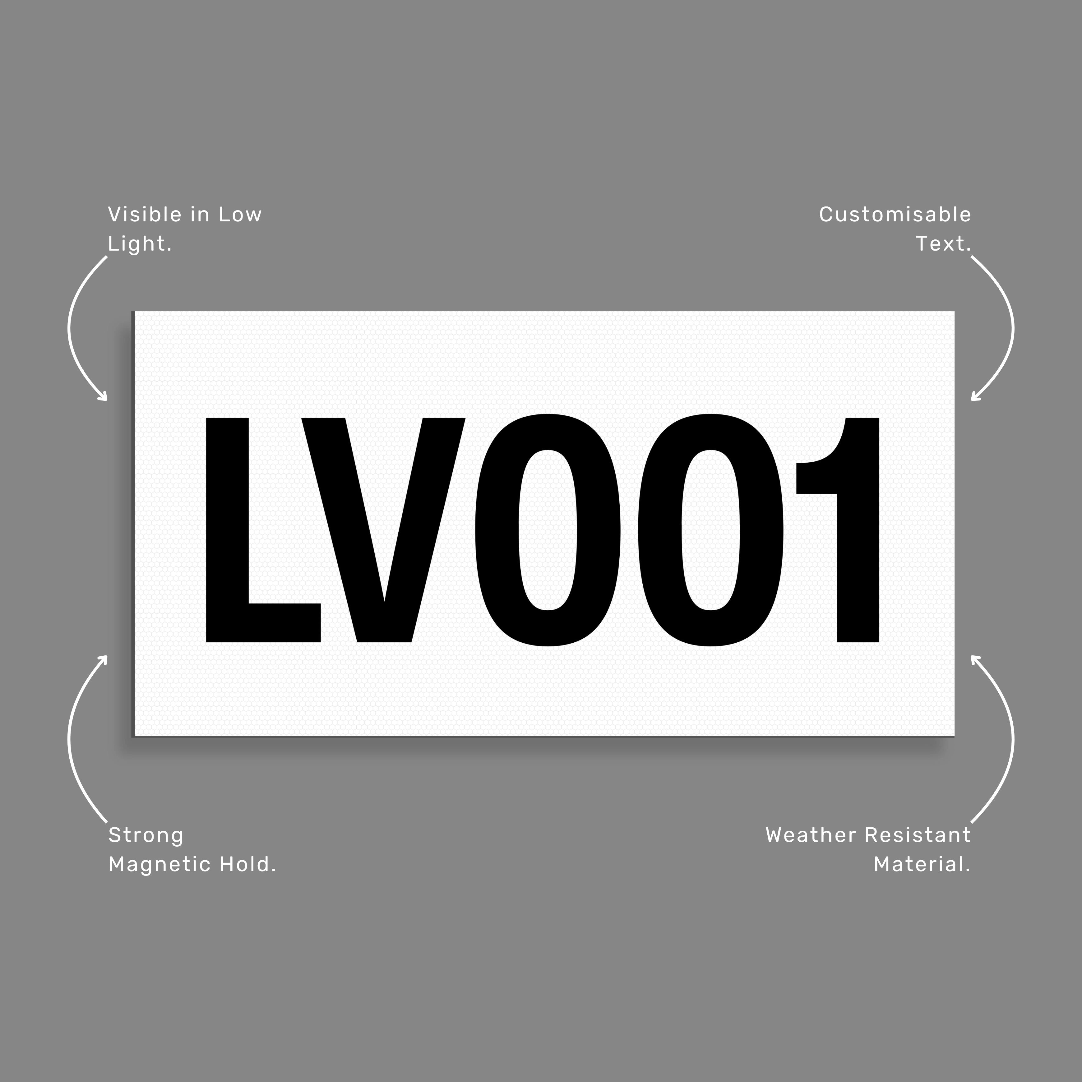 White reflective magnetic asset decal with callout highlighting removable magnetic construction, weather resistant finish, and enhanced visibility for temporary equipment tracking