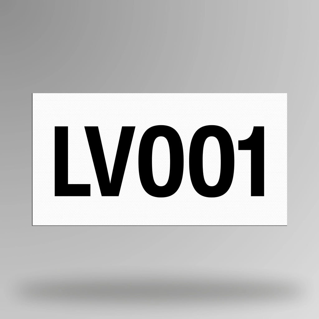 White reflective magnetic asset decal displayed upright showing bold black printed asset number and magnetic backing