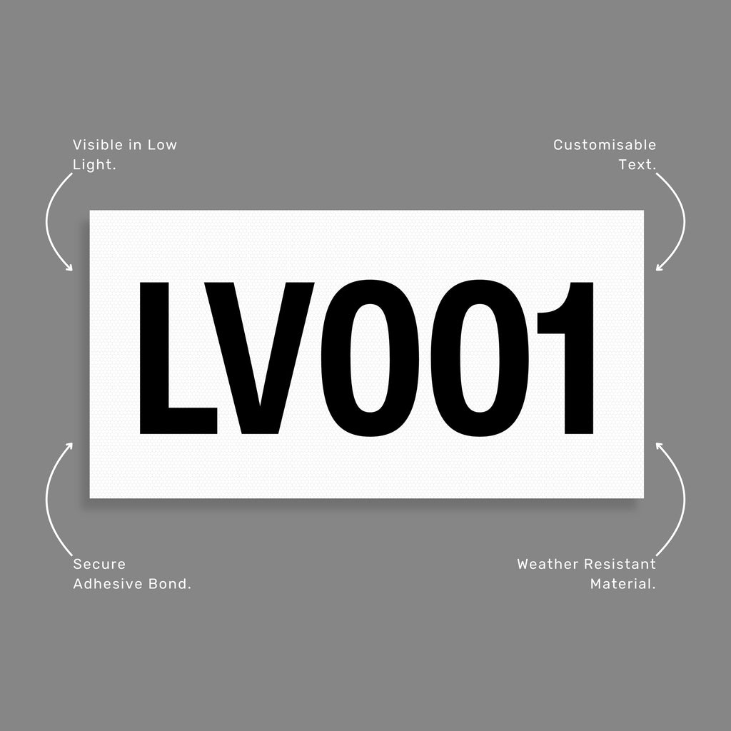  Benefits callout showing white reflective vinyl asset decal features including high visibility reflective material and durable black asset number printing