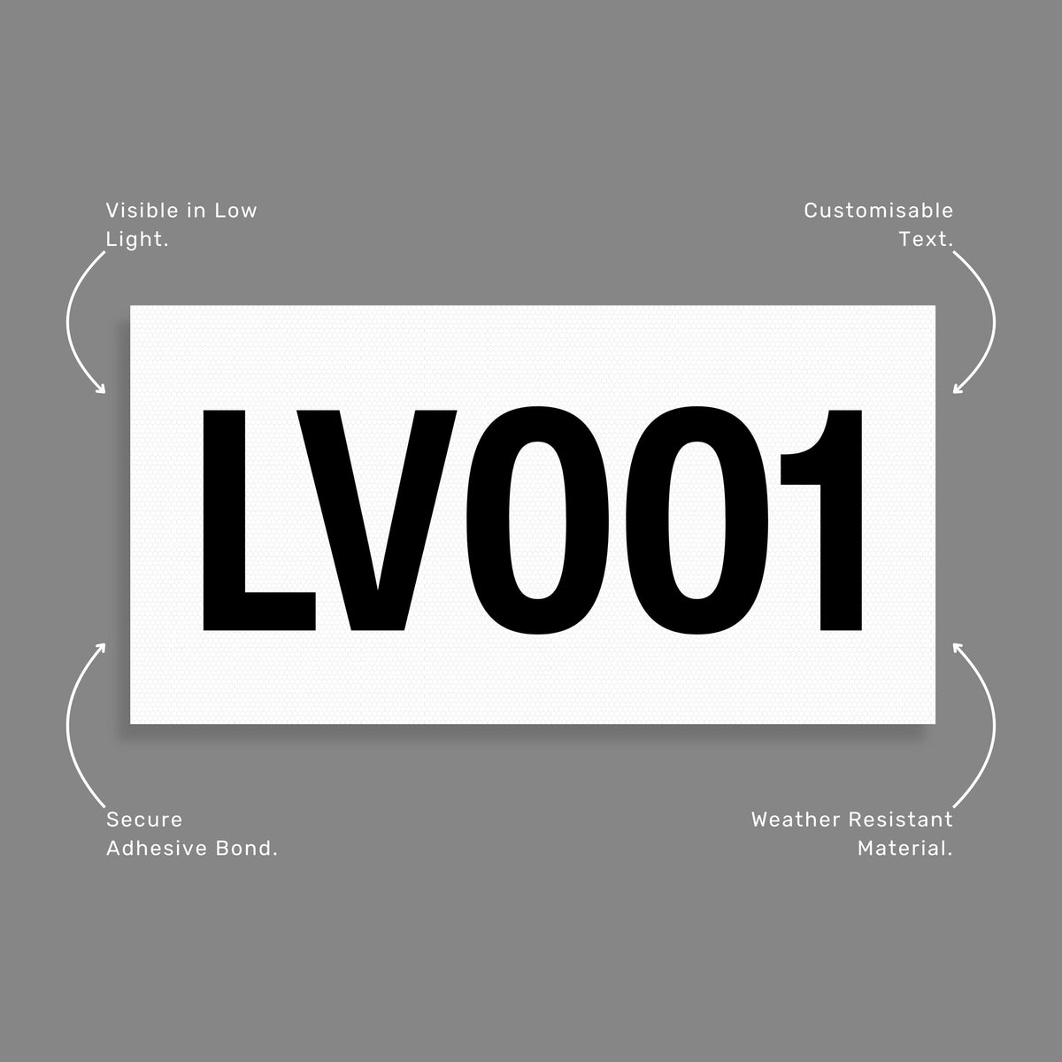  Benefits callout showing white reflective vinyl asset decal features including high visibility reflective material and durable black asset number printing
