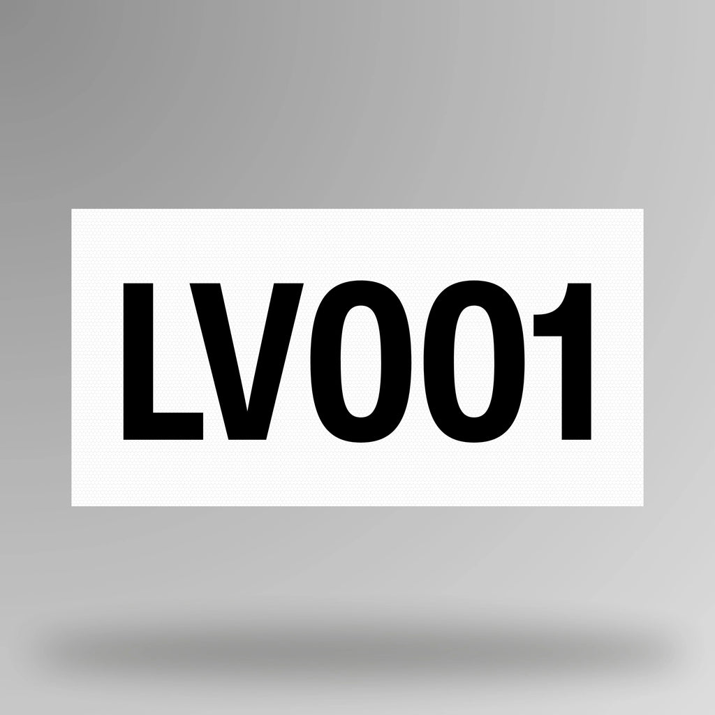White reflective vinyl asset decal shown in upright position with black printed asset number visible against white background