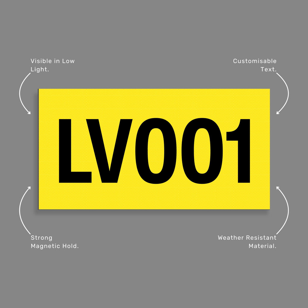 Yellow reflective magnetic asset decal with callout highlighting removable magnetic construction, weather resistant finish, and enhanced visibility for temporary equipment tracking