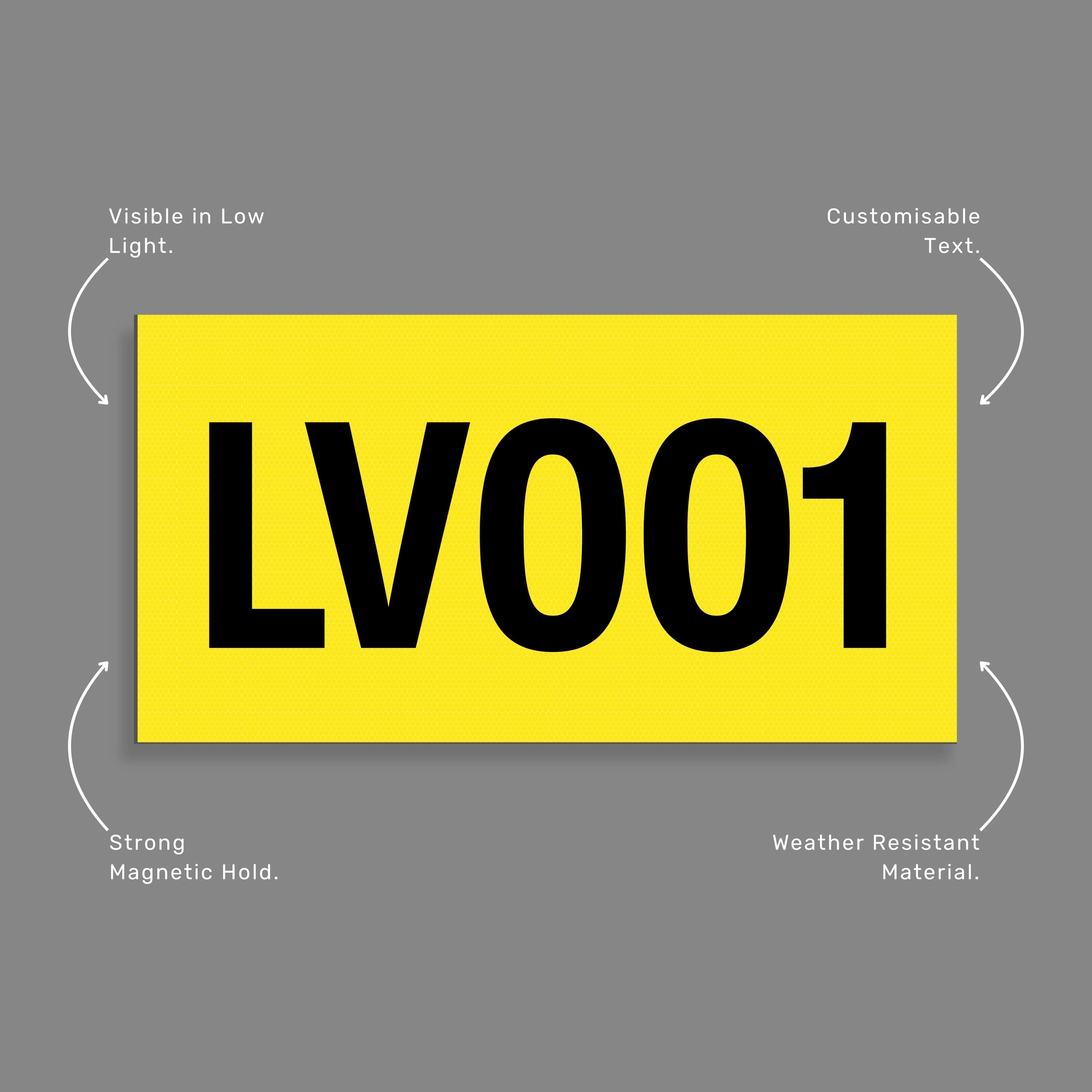 Yellow reflective magnetic asset decal with callout highlighting removable magnetic construction, weather resistant finish, and enhanced visibility for temporary equipment tracking