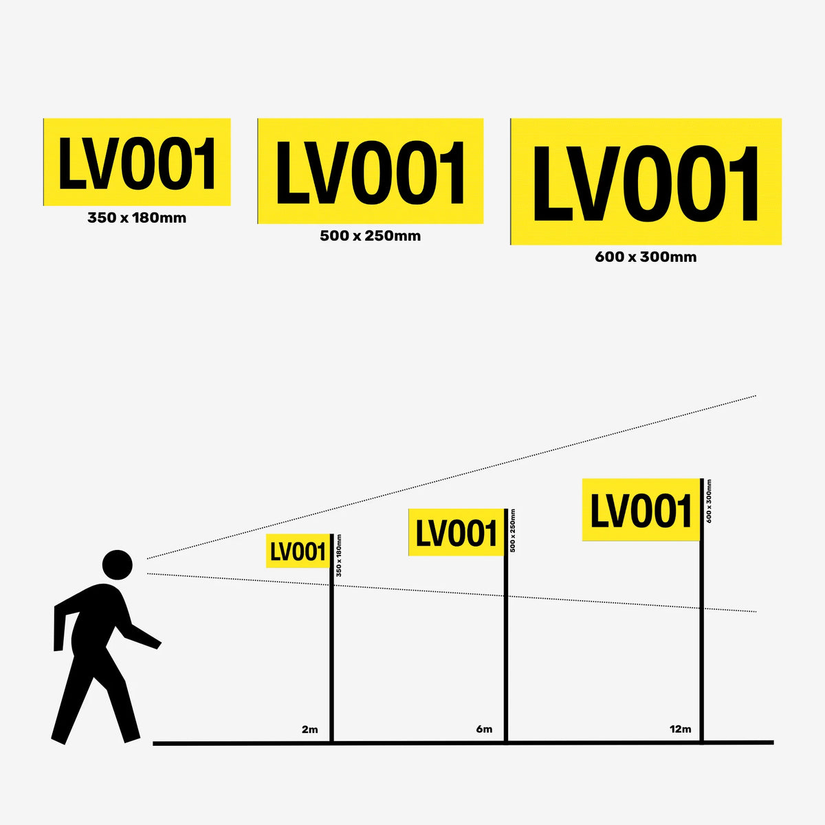 Yellow reflective magnetic asset decal laid flat revealing reflective surface with black asset numbering and available sizes of 350mm x 180mm, 500mm x 250mm, and 600mm x 300mm