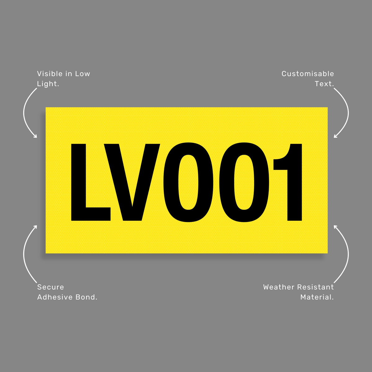 Benefits callout showing yellow reflective vinyl asset decal features including high visibility reflective material and durable black asset number printing